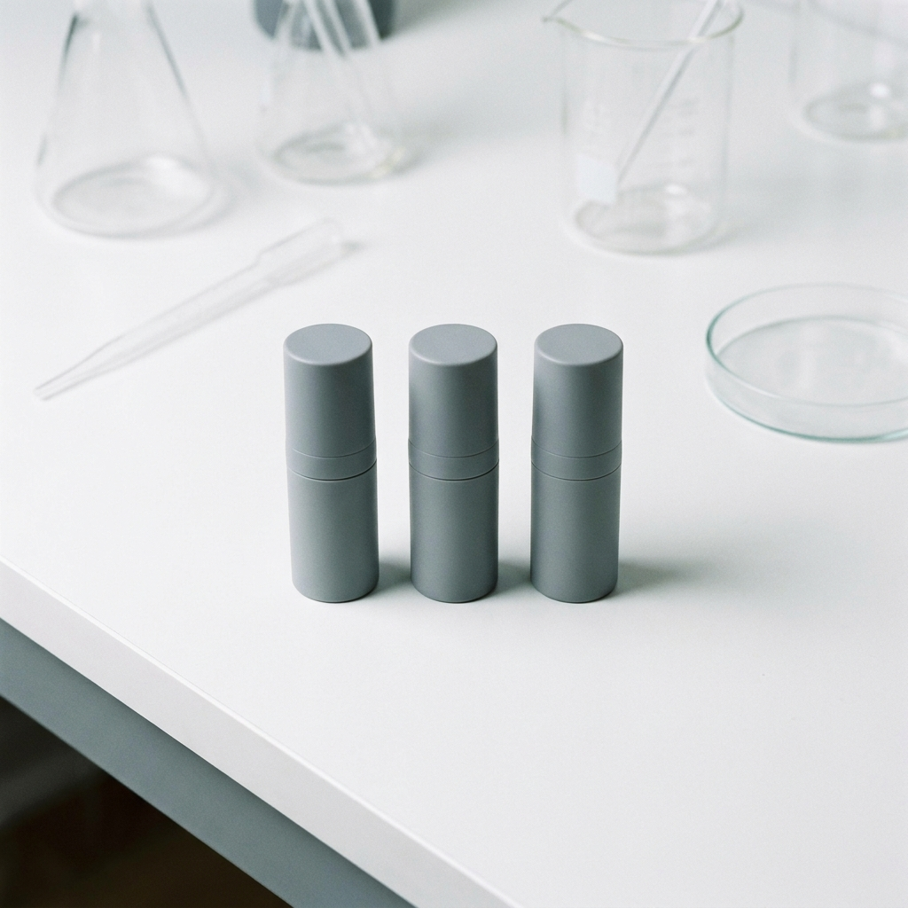 Minimalist travel set of skincare products serum moisturiser SPF in uniform grey containers